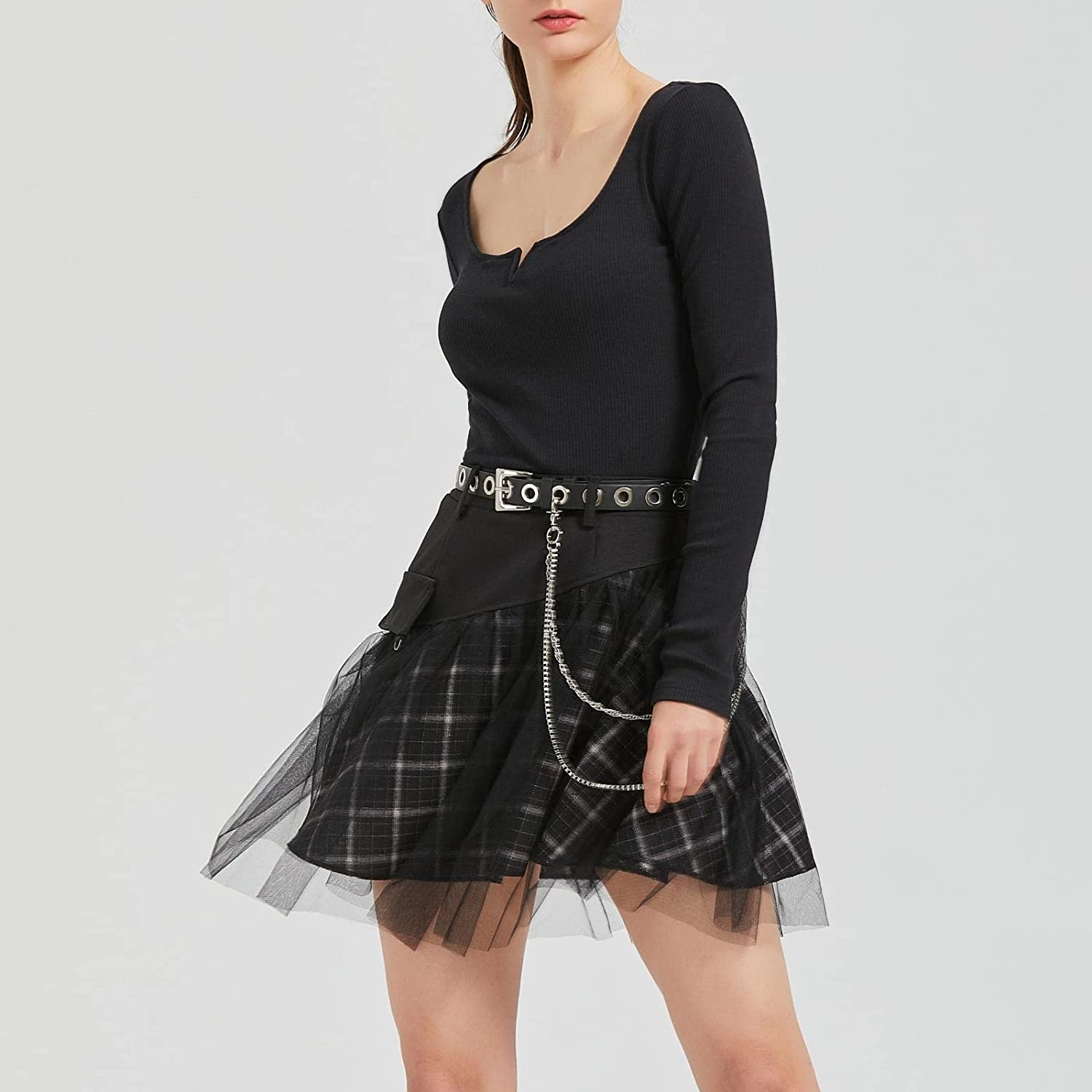 PUNK RAVE DAILY Women Gothic Skirts Women Goth Mini Plaid Skirt with Tulle Punk Dunk High Waist A-Line Party Skirt - Image 6